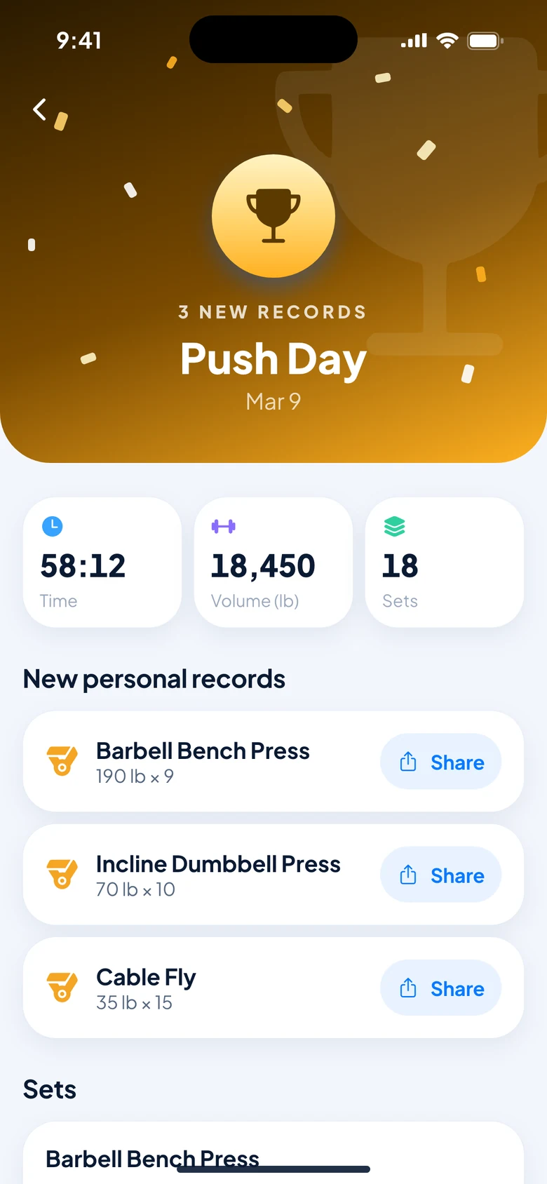 Lifty Set logging screen: Every personal record, celebrated.